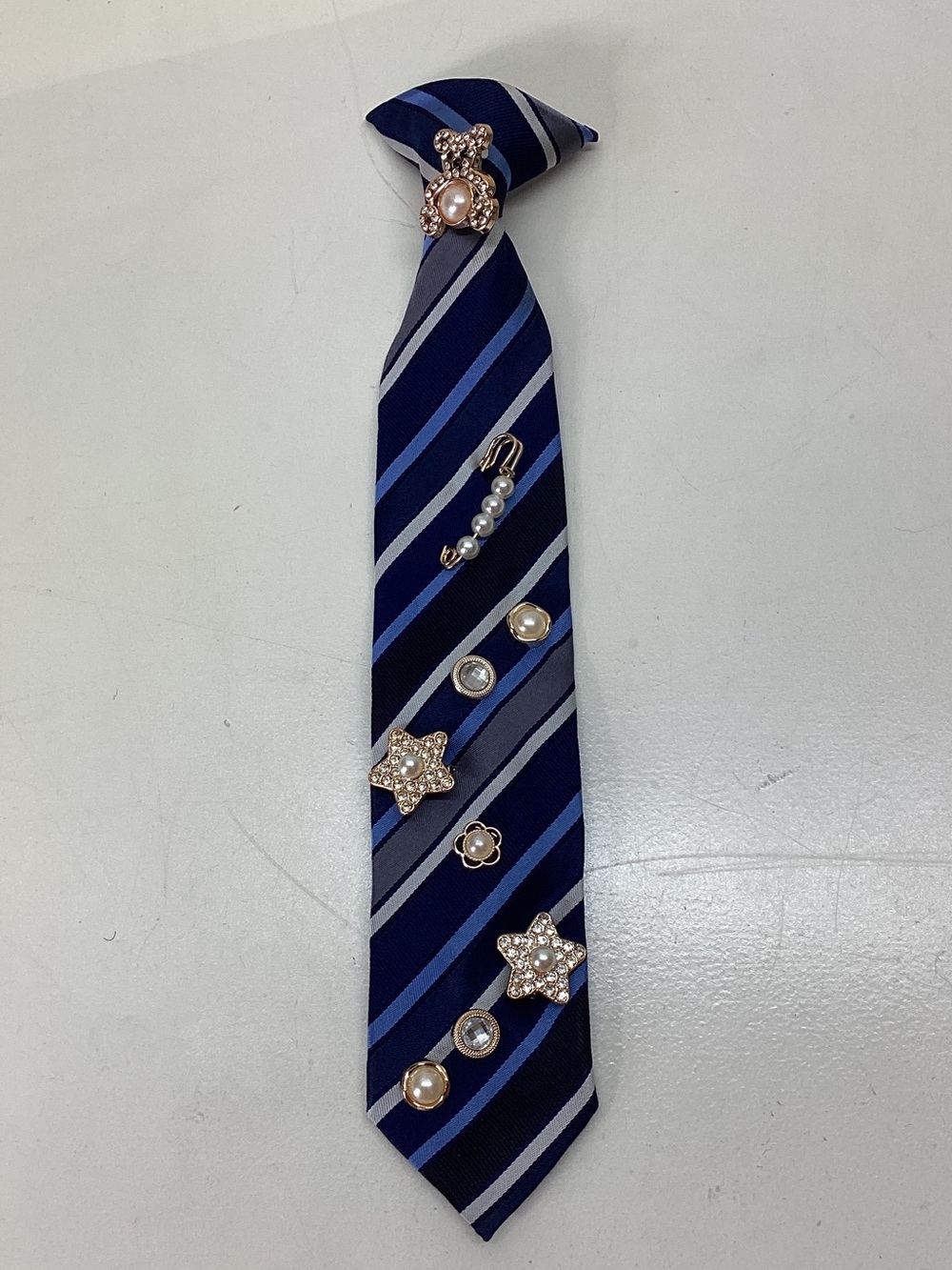 Upcycled Striped Navy Blue Clip-On Tie with Pearl & Crystal Embellishments